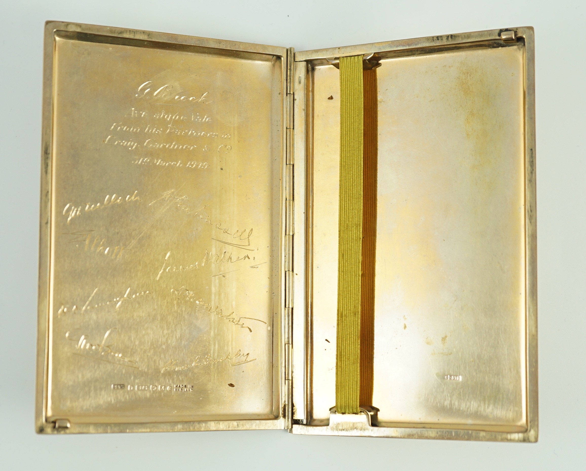 A George VI engine turned 9ct gold rectangular cigarette case, makers, B&S